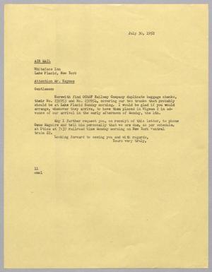 [Letter from I. H. Kempner to Whiteface Inn, July 30, 1952]