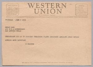 [Telegram from I. H. Kempner to Edgar Harz, June 7, 1952]