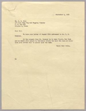 [Letter from A. H. Blackshear, Jr. to M. M. Feld, September 2, 1952]