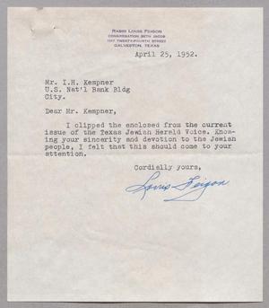 [Letter from Louis Feigon to I. H. Kempner, April 25, 1952]