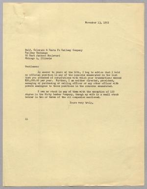 [Letter from I. H. Kempner to Gulf, Colorado & Santa Fe Railway Company, November 13, 1952]