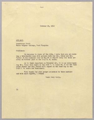 Primary view of object titled '[Letter from I. H. Kempner to Greenbrier Hotel, October 18, 1952]'.