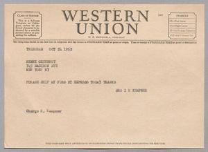 [Telegram from Henrietta Leonora Kempner to Henry Greenhut, October 24, 1952]