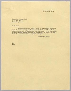 [Letter from I. H. Kempner to Galveston Country Club, October 14, 1952]