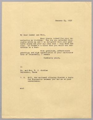 [Letter from I. H. Kempner to Isabel and Bill Aicklen, January 14, 1952]
