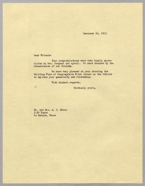 [Letter from I. H. Kempner to Mr. and Mrs. A. J. Biron, December 22, 1952]