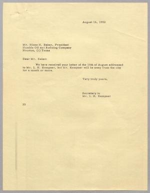 [Letter from Harris Leon Kempner to Hines H. Baker, August 16, 1952]