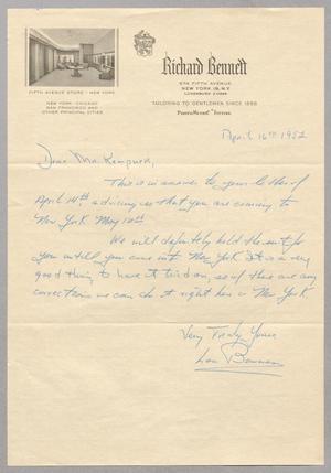 [Letter from Lou Bowman to I. H. Kempner, April 16, 1952]