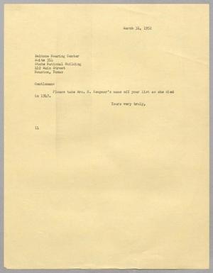 [Letter from I. H. Kempner to Beltone Hearing Center, March 31, 1952]