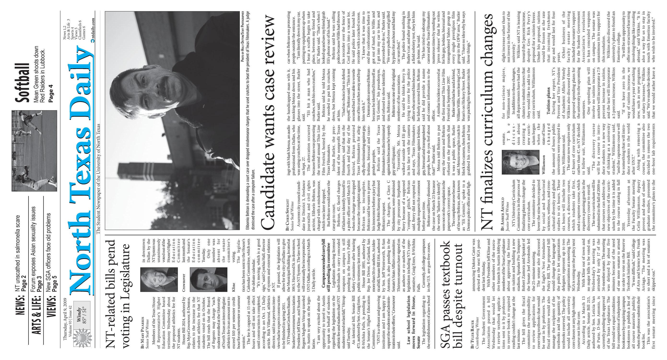 North Texas Daily (Denton, Tex.), Vol. 93, No. 42, Ed. 1 Thursday, April 9, 2009
                                                
                                                    [Sequence #]: 1 of 6
                                                