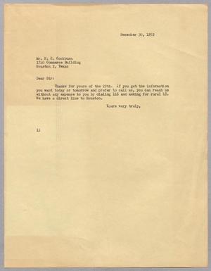 [Letter from I. H. Kempner to H. C. Cockburn, December 30, 1952]