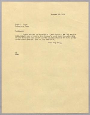 [Letter from I. H. Kempner to Robt. I. Cohen, October 16, 1952]