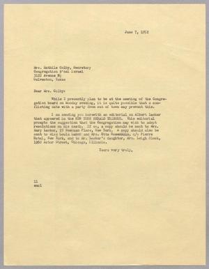 [Letter from I. H. Kempner to Mrs. Mathile Colby, June 7, 1952]