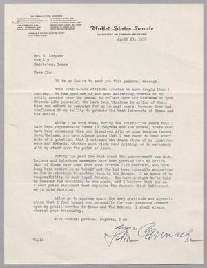 [Letter from Tom Connally to I. H. Kempner, April 23, 1952]