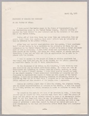 [Statement of Senator Tom Connally to the People of Texas, April 13, 1952]