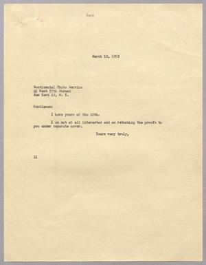 [Letter from I. H. Kempner to Continental Photo Service, March 12, 1952]