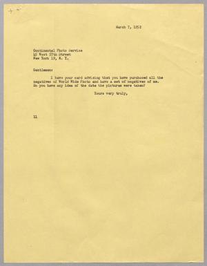 [Letter from I. H. Kempner to Continental Photo Service, March 7, 1952]