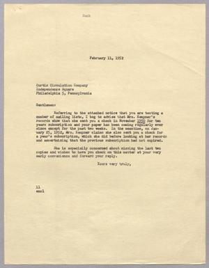 [Letter from I. H. Kempner to Curtis Circulation Company, February 11, 1952]