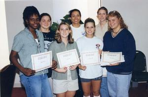 Volleyball team members recognized for maintaining a GPA of 3,0 or higher, Fall 1998 semester, from left, Aleisha Lincoln, Nathana Janca, Abbey Davis, Mele Ohuafi, Audra Lusby, Jennifer Garyand JaSara Scates.