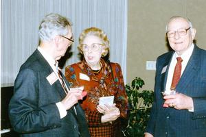 Lee College reception for former regents, John Sylvester, right and Mrs. Sylvester talk with J.Bryan Stratton, right