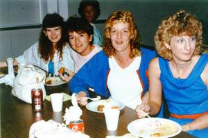 Primary view of object titled 'Nursing program hosts an ethnic luncheon as part of a nutrition project, From left, Judy Bracey, Carol Chancellor, Linda Shafer and Susan Moseley'.