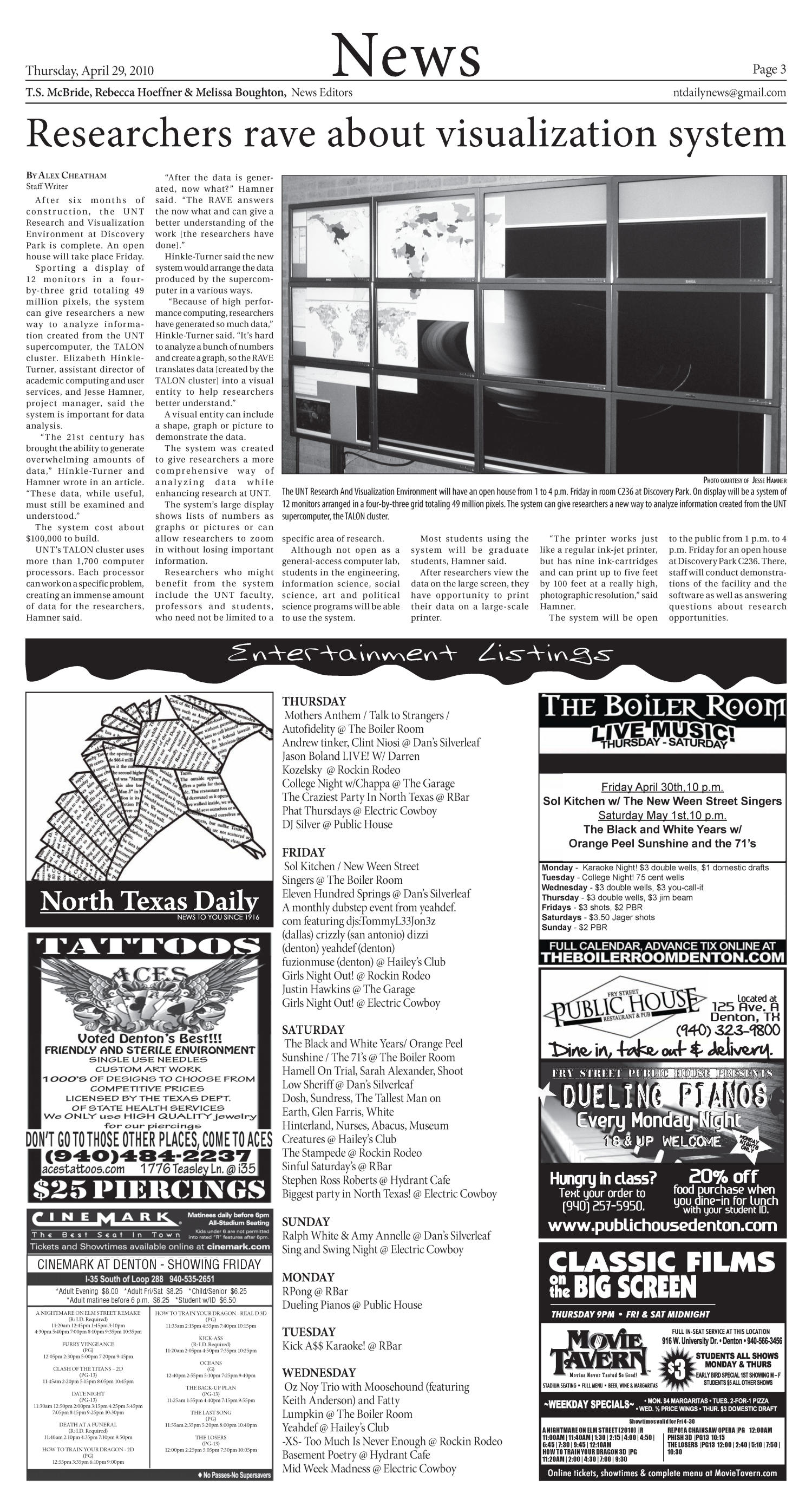 North Texas Daily (Denton, Tex.), Vol. 95, No. 55, Ed. 1 Thursday, April 29, 2010
                                                
                                                    [Sequence #]: 3 of 10
                                                