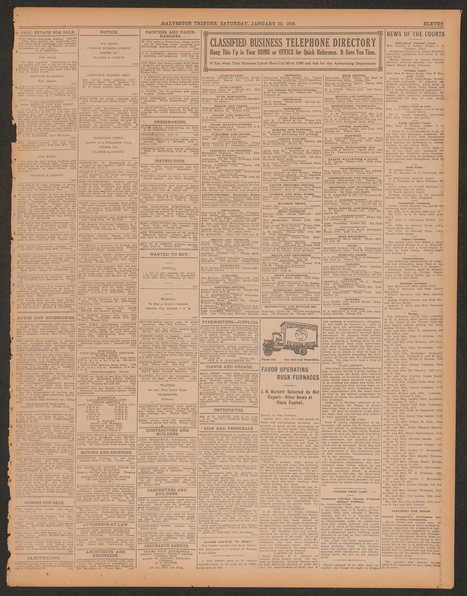 Galveston Tribune. (Galveston, Tex.), Vol. 36, No. 49, Ed. 1 Saturday, January 22, 1916
                                                
                                                    [Sequence #]: 11 of 12
                                                
