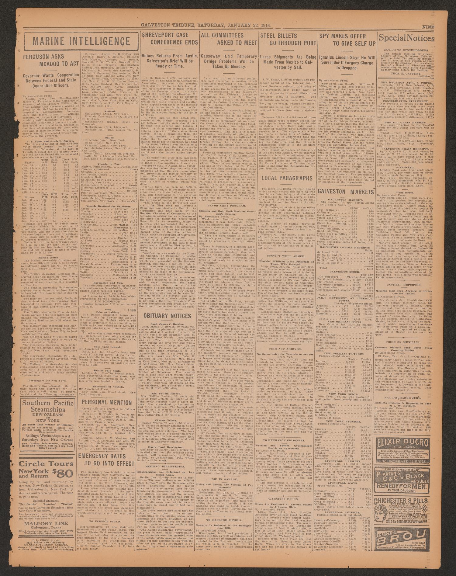 Galveston Tribune. (Galveston, Tex.), Vol. 36, No. 49, Ed. 1 Saturday, January 22, 1916
                                                
                                                    [Sequence #]: 9 of 12
                                                