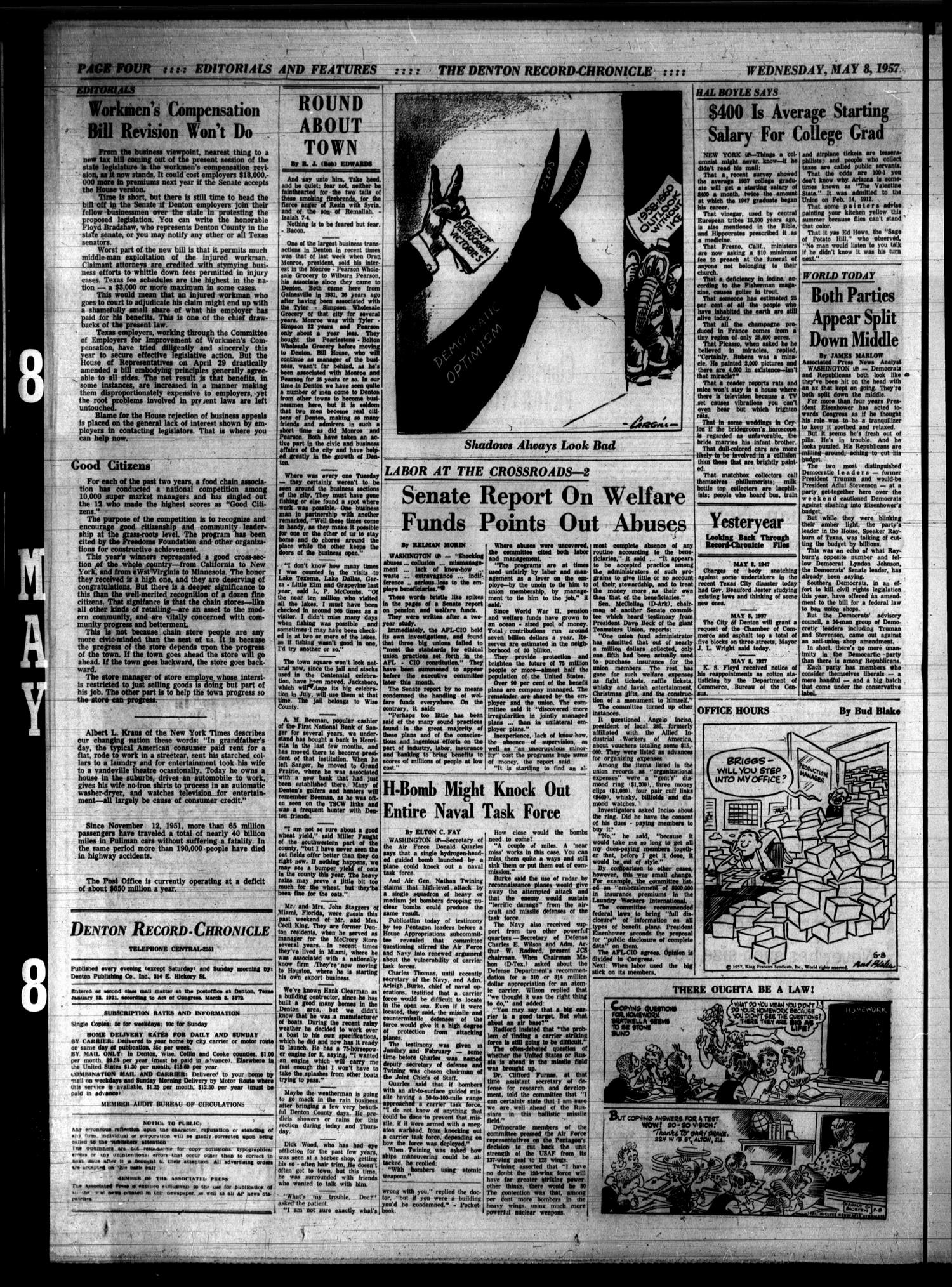 Denton Record-Chronicle (Denton, Tex.), Vol. 54, No. 236, Ed. 1 Wednesday, May 8, 1957
                                                
                                                    [Sequence #]: 4 of 12
                                                
