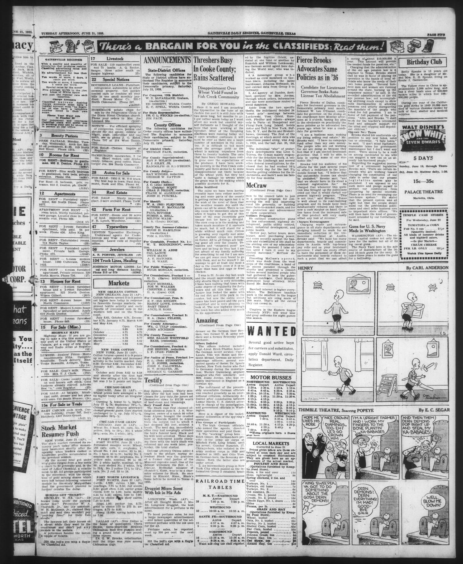 Gainesville Daily Register and Messenger (Gainesville, Tex.), Vol. 48, No. 230, Ed. 1 Tuesday, June 21, 1938
                                                
                                                    [Sequence #]: 5 of 6
                                                
