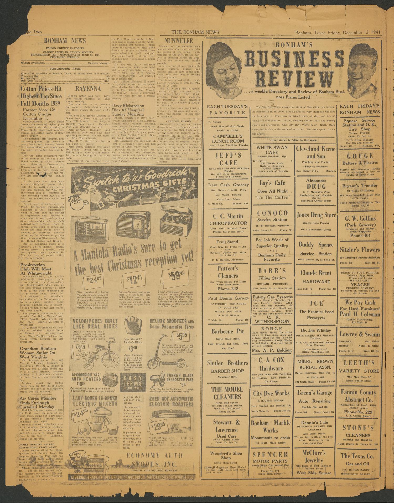 The Bonham News and Fannin County Favorite (Bonham, Tex.), Vol. 75, No. 19, Ed. 1 Friday, December 12, 1941
                                                
                                                    [Sequence #]: 2 of 6
                                                