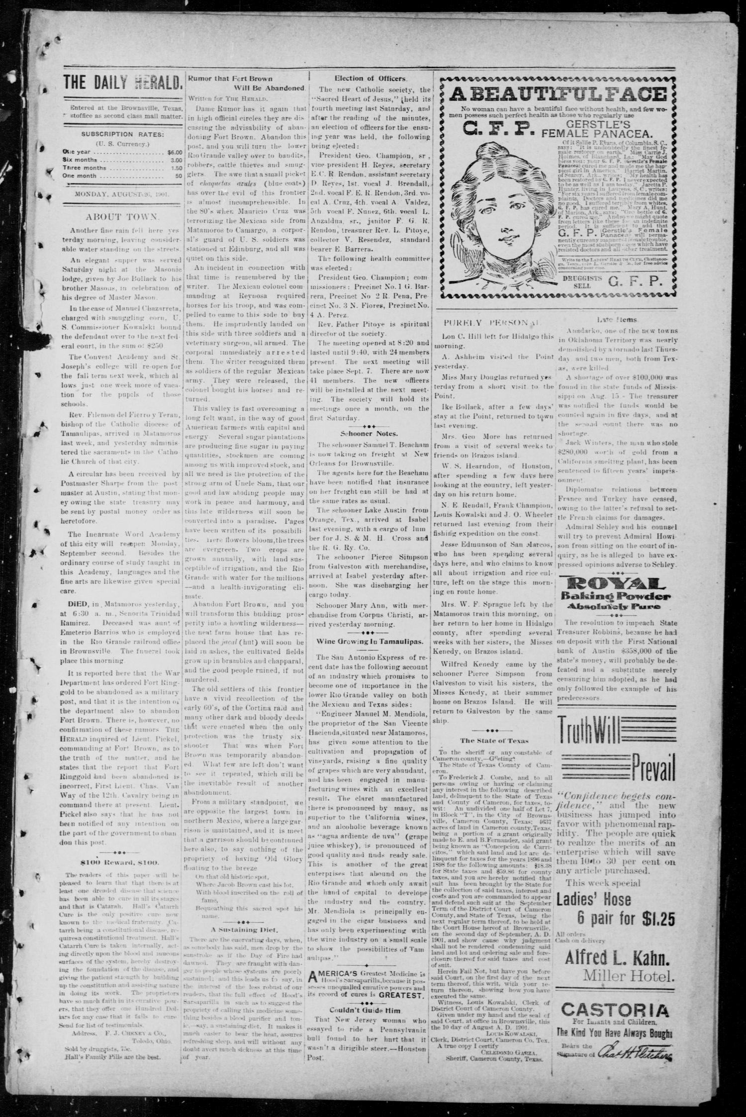 Brownsville Daily Herald (Brownsville, Tex.), Vol. TEN, No. 46, Ed. 1, Monday, August 26, 1901
                                                
                                                    [Sequence #]: 3 of 4
                                                