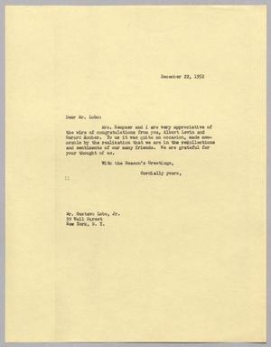 [Letter from I. H. Kempner to Gustavo Lobo, Jr., December 22, 1952]