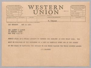 [Telegram from Isaac H. Kempner to Mrs. Albert D. Lasker, May 31, 1952]