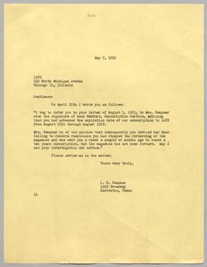 [Letter from I. H. Kempner to Life Magazine, May 5, 1952]