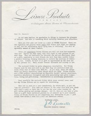 [Letter from J. D. Lancaster to I. H. Kempner, April 23, 1952]