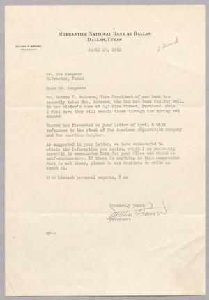 [Letter from Milton F. Brown to I. H. Kempner, April 19, 1952]
