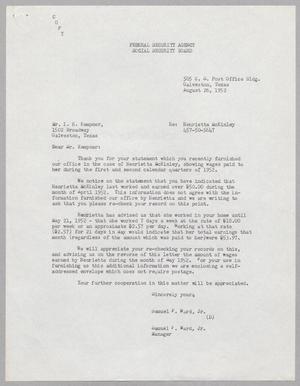 [Letter from Samuel F. Ward, Jr. to I. H. Kempner, August 26, 1952]