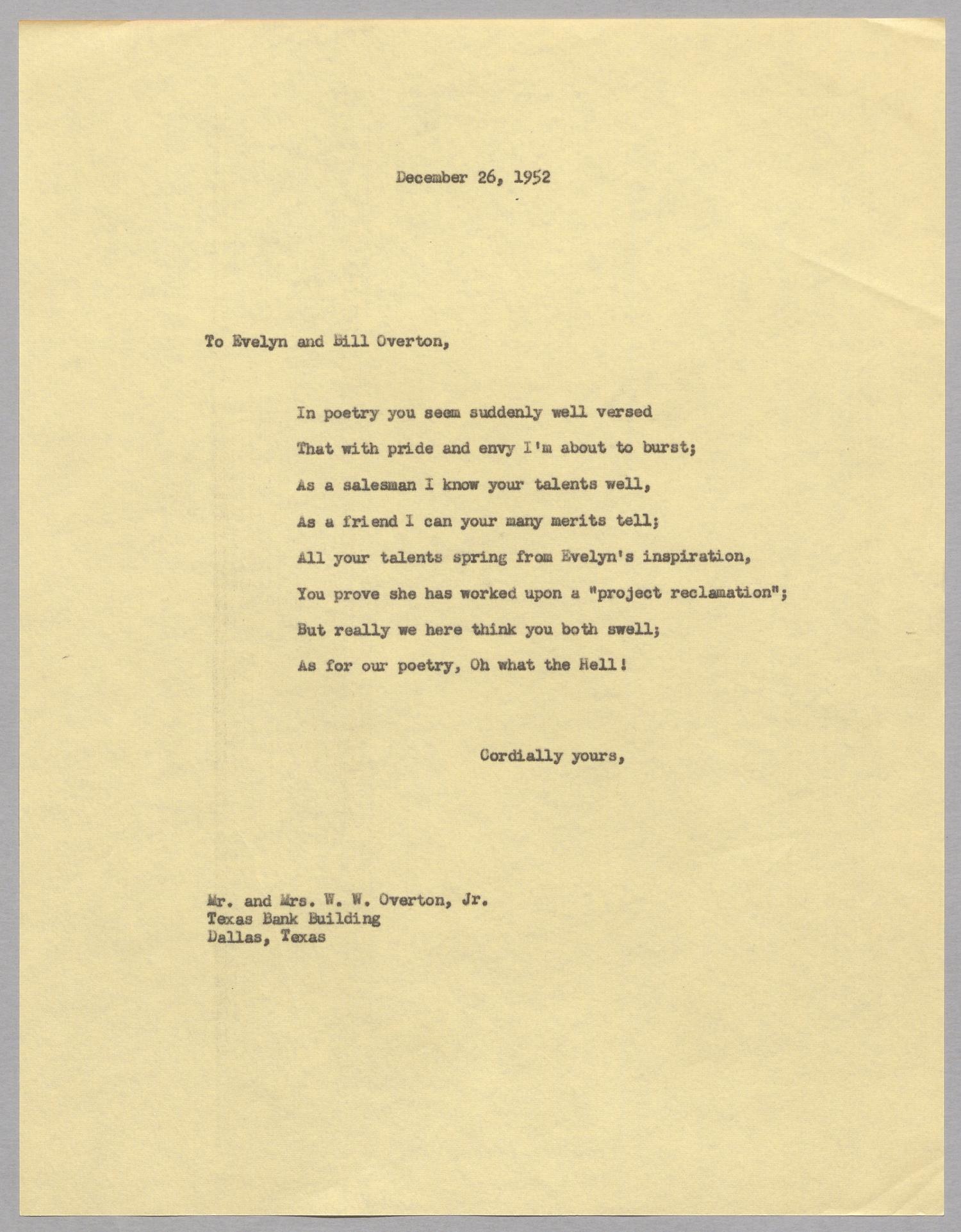 [Letter from I. H. Kempner to Evelyn and Bill Overton, December 26, 1952]
                                                
                                                    [Sequence #]: 1 of 2
                                                