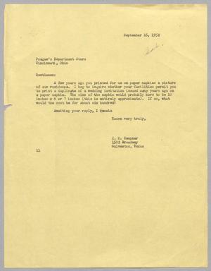 [Letter from I. H. Kempner to Poague's Department Store, September 16, 1952]