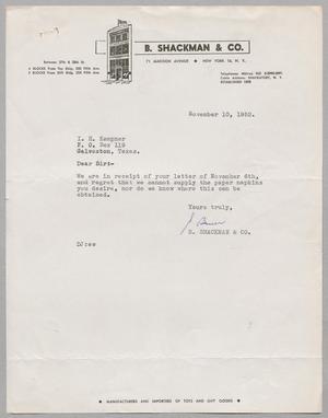 [Letter from B. Shackman & Company to I. H. Kempner, November 10, 1952]