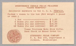 Primary view of object titled '[Praline Advertisement from Sternberg Pecan Company]'.