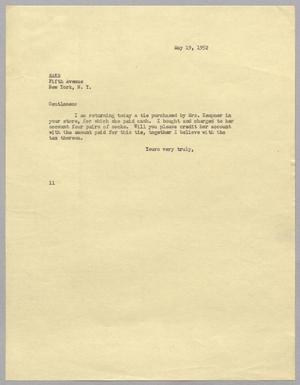 [Letter from I. H. Kempner to Saks Fifth Avenue, May 19, 1952]