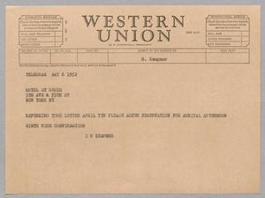 [Telegram from Isaac H. Kempner to Hotel St. Regis, May 6, 1952]