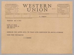 [Telegram from I. H. Kempner to Hotel St. Regis, May 6, 1952]
