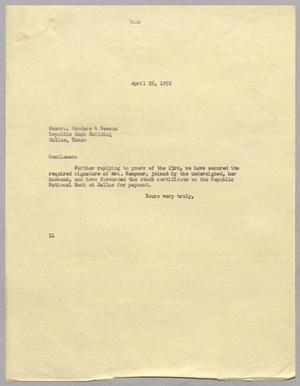 [Letter from I. H. Kempner to Sanders & Newsom, April 25, 1952]