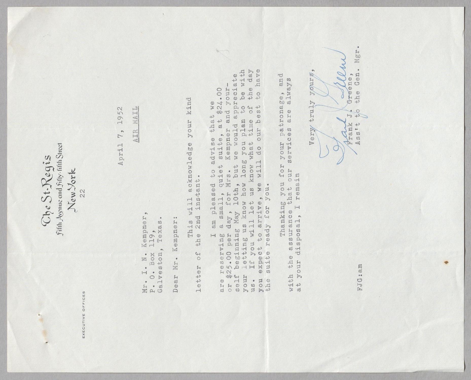 [Letter from Hotel St. Regis to I. H. Kempner, April 7, 1952]
                                                
                                                    [Sequence #]: 1 of 2
                                                