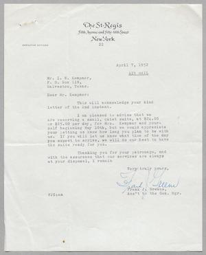 [Letter from Hotel St. Regis to I. H. Kempner, April 7, 1952]
