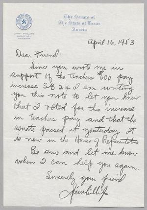 Primary view of object titled '[Letter from Jimmy Phillips, April 16, 1953]'.