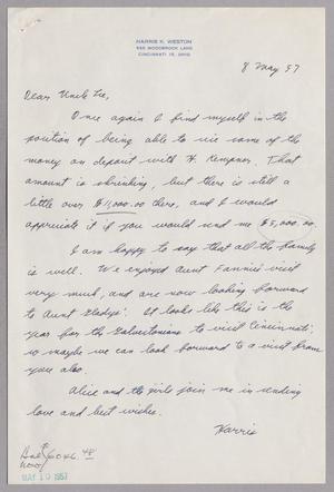[Handwritten letter from Harris K. Weston to Robert Lee Kempner, May 8, 1957]